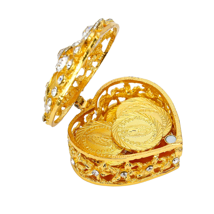 Catholic wedding arras coins with decorative rhinestone heart case. Includes 13 gold-plated coins, meaningful Virgin of Guadalupe engravings, and a luxurious heart box. Perfect unity ritual accessory and memorable gift for couples - tingkucoins.com