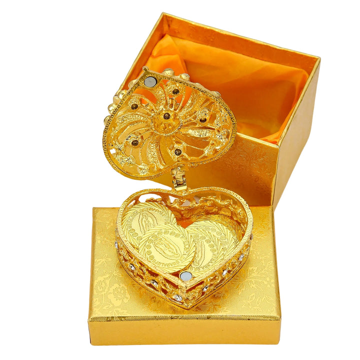 Wedding arras coins set with heart-shaped rhinestone case and gift box. 13 gold-plated coins engraved with Virgin of Guadalupe, making a beautiful Catholic tradition accessory, Christian keepsake, and perfect wedding gift - tingkucoins.com
