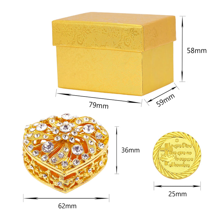 Wedding Unity Coins Set with Rhinestone Heart Box and Gift Packaging. Includes 13 gold arras coins (25mm) featuring Virgin of Guadalupe design, elegant keepsake box (62mm), and premium gift box (79x59x58mm). Perfect for Catholic wedding traditions, Christian ceremonies, and meaningful marriage gifts - tingkucoins.com