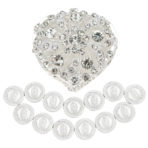 Wedding Unity Coins with Rhinestone Heart Box – 13 silver coins featuring Virgin of Guadalupe design. Elegant  jeweled heart case adds sparkle, making it a perfect Catholic wedding accessory, meaningful gift, and lasting keepsake - tingkucoins.com