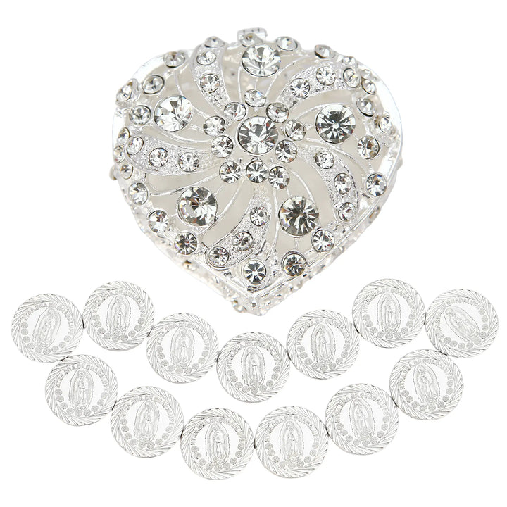 Wedding Unity Coins with Rhinestone Heart Box – 13 silver coins featuring Virgin of Guadalupe design. Elegant  jeweled heart case adds sparkle, making it a perfect Catholic wedding accessory, meaningful gift, and lasting keepsake - tingkucoins.com