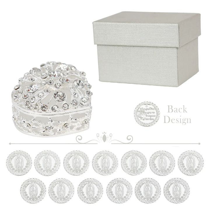 Elegant Wedding Unity Coins Set with Heart Shaped Rhinestone Box and Gift Packaging. Includes 13 silver arras coins featuring Our Lady of Guadalupe design, perfect for Catholic wedding ceremony traditions, Christian marriage rituals, and meaningful wedding accessories or keepsake gifts - tingkucoins.com