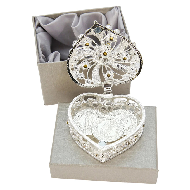 Wedding arras coins set with heart-shaped rhinestone case and gift box. 13 silver-plated coins engraved with Virgin of Guadalupe, making a beautiful Catholic tradition accessory, Christian keepsake, and perfect wedding gift - tingkucoins.com