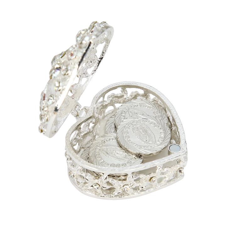 Catholic wedding arras coins with decorative rhinestone heart case. Includes 13 silver-plated coins, meaningful Virgin of Guadalupe engravings, and a luxurious heart box. Perfect unity ritual accessory and memorable gift for couples - tingkucoins.com
