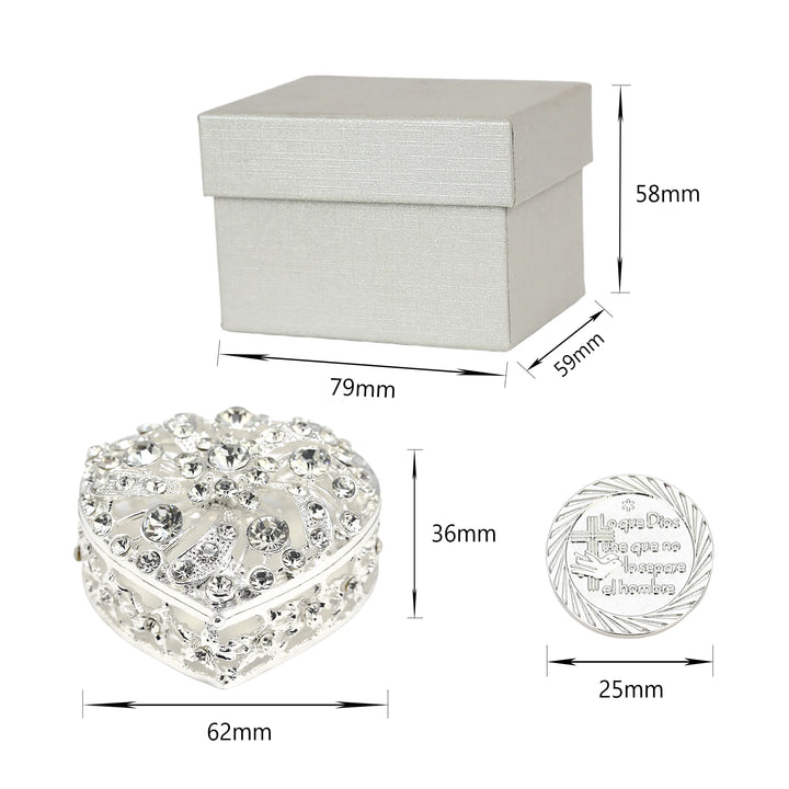 Wedding Unity Coins Set with Rhinestone Heart Box and Gift Packaging. Includes 13 silver arras coins (25mm) featuring Virgin of Guadalupe design, elegant keepsake box (62mm), and premium gift box (79x59x58mm). Perfect for Catholic wedding traditions, Christian ceremonies, and meaningful marriage gifts - tingkucoins.com