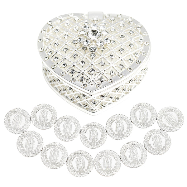 Silver Guadalupe unity coins with sparkling rhinestone heart box, representing blessings and devotion in Catholic marriage. A refined set that preserves cultural heritage and enhances wedding ceremonies - tingkucoins.com