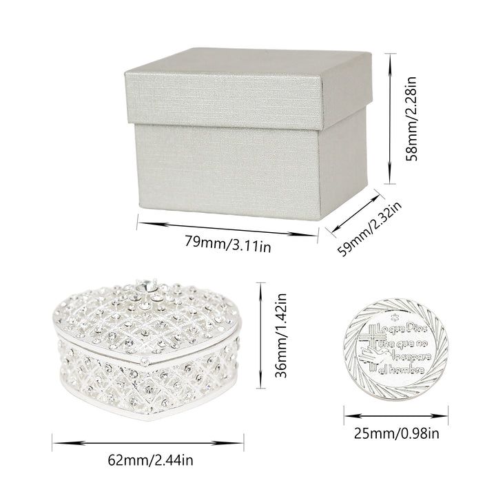 Guadalupe silver arras set includes coins 25mm in size, a 62×36mm rhinestone heart box, and a 79×59×58mm gift box. Designed for Catholic weddings, blending elegance with practicality - tingkucoins.com