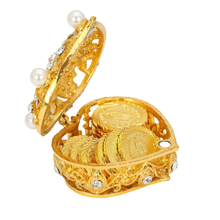 Luxurious gold heart-shaped trinket box with intricate filigree design, adorned with sparkling crystals, filled with gold-plated Our Lady of Guadalupe coins. Perfect for religious keepsakes, Catholic gifts, wedding favors, and elegant home décor with spiritual significance - tingkucoins.com