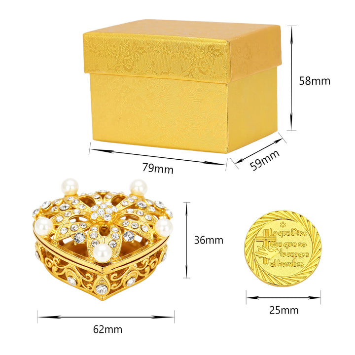 Elegant gold heart-shaped jewelry box with pearls and crystals (62×36mm), paired with a luxurious embossed gift box (79×59×58mm) and 25mm gold-plated Our Lady of Guadalupe coins. Perfect for religious keepsakes, wedding favors, and Catholic gifts with intricate craftsmanship - tingkucoins.com