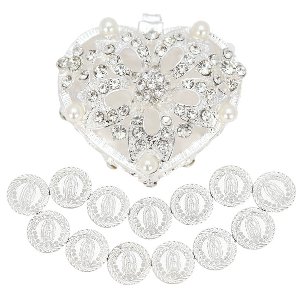 Complete Catholic wedding arras set with silver Guadalupe coins and an ornate heart box decorated with pearls and rhinestones, blending sacred symbolism with luxurious design - tingkucoins.com