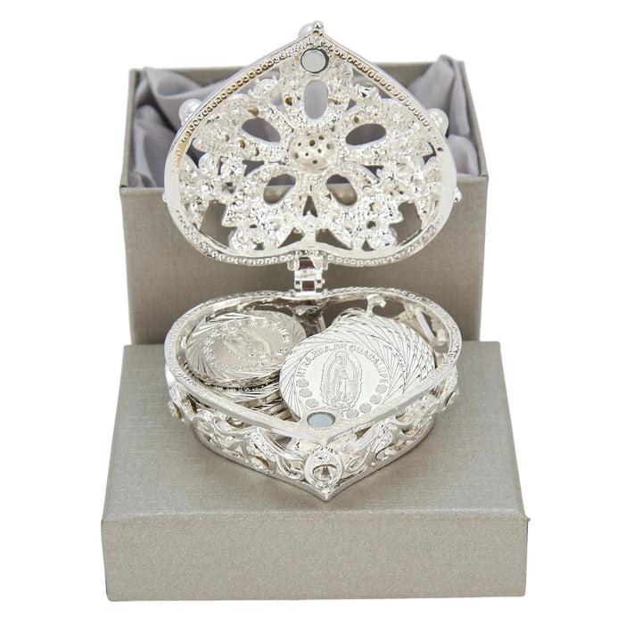 Elegant heart-shaped jewelry box adorned with pearls and crystals, paired with a luxurious silver embossed gift box, and filled with silver Our Lady of Guadalupe coins. Ideal for Catholic gifts, wedding favors, religious keepsakes, and meaningful special occasion celebrations - tingkucoins.com