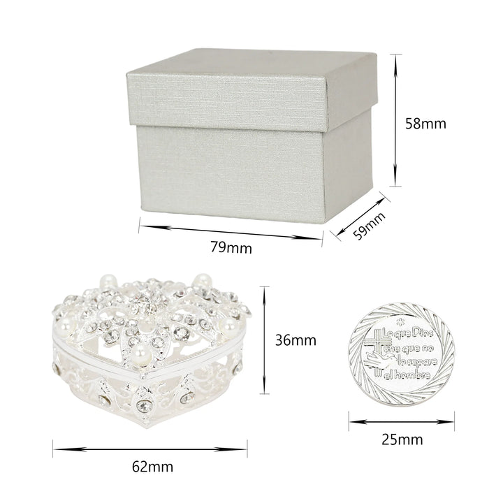 Elegant silver  heart-shaped jewelry box with pearls and crystals (62×36mm), paired with a luxurious embossed gift box (79×59×58mm) and 25mm silver Our Lady of Guadalupe coins. Perfect for religious keepsakes, wedding favors, and Catholic gifts with intricate craftsmanship - tingkucoins.om