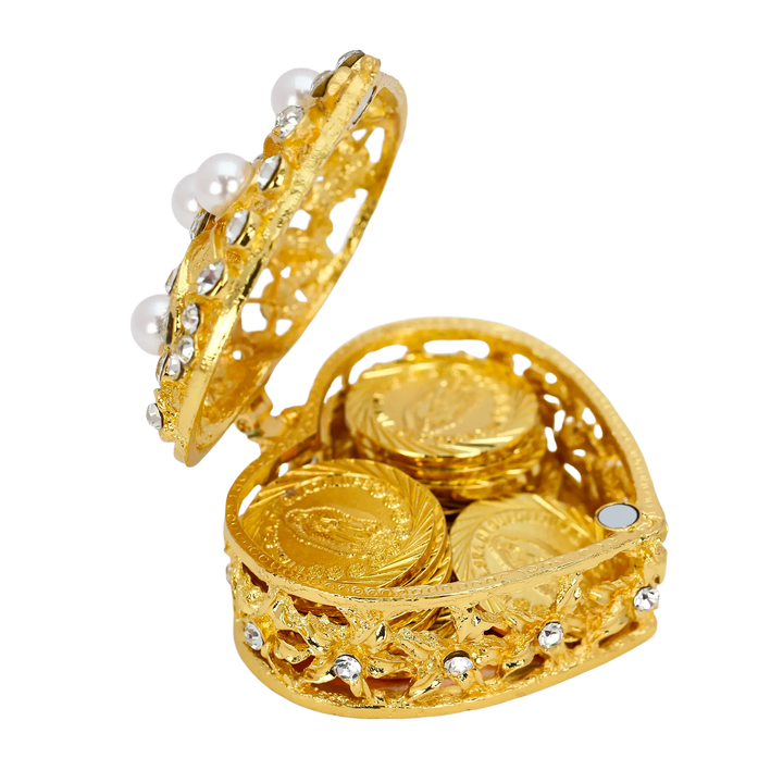 Openwork heart-shaped jewelry box with crystal and pearl accents shown open, coins displayed inside and around the box. Features gold-plated Our Lady of Guadalupe coins for devotional décor. Ideal Catholic gift, wedding favor, baptism keepsake, and meaningful spiritual collectible - tingkucoins.com