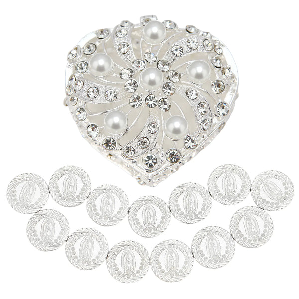 Celebrate your wedding with 13 silver Guadalupe coins elegantly stored in a pearl-and-rhinestone heart-shaped box—a perfect union of devotion and beauty - tingkucoins.com