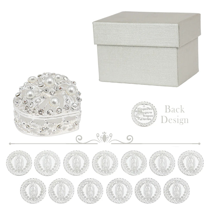 This silver Virgen de Guadalupe arras set includes 13 identical coins, a pearl-and-rhinestone heart box, and a protective gift box—perfect for Catholic weddings - tingkucoins.com