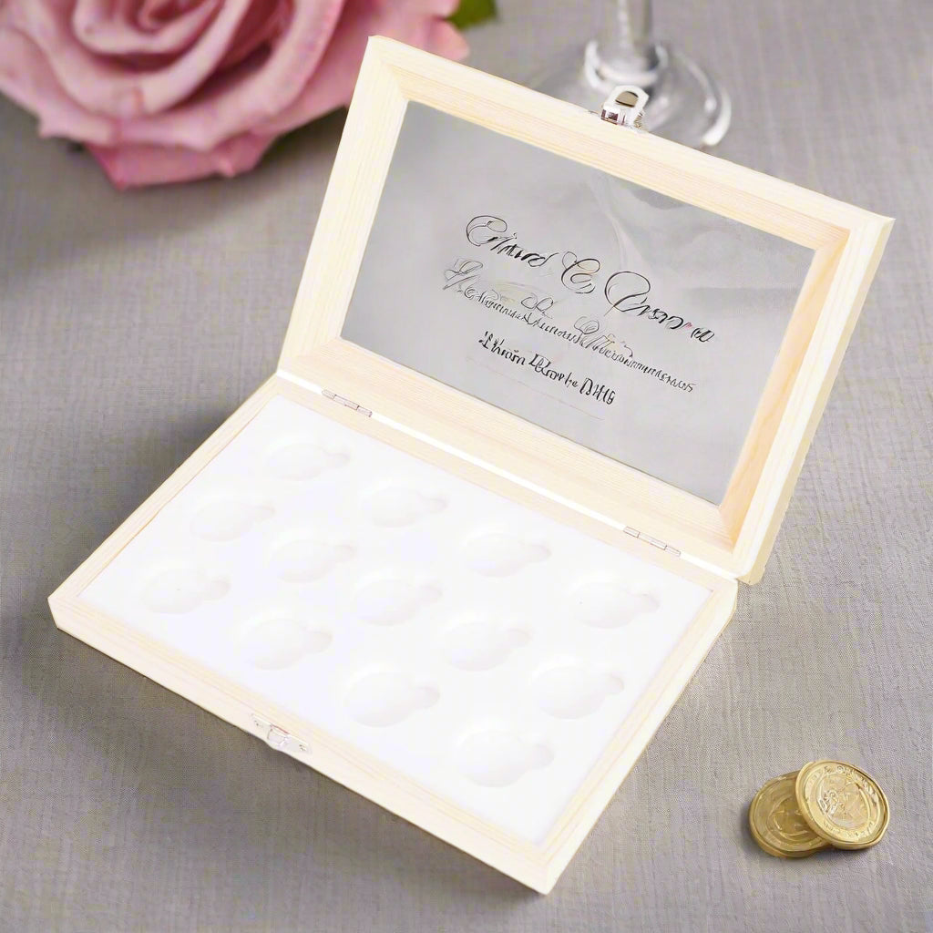 TINGKUStore your wedding anniversary coins stylishly in our mahogany box. Customization available for a personal touch!