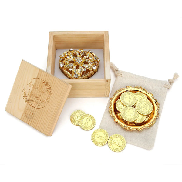 English Wedding Arras Unity Coin Set – 13 Commemorative Coins with Five-Flower Full Diamond Heart Box