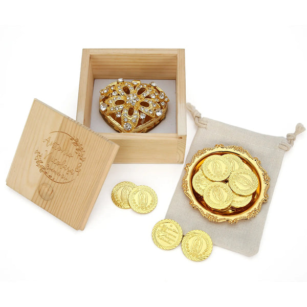 Personalized Virgen de Guadalupe Wedding Arras Unity Coin Set – 13 Engraved Coins with Five-Flower Diamond Heart Box