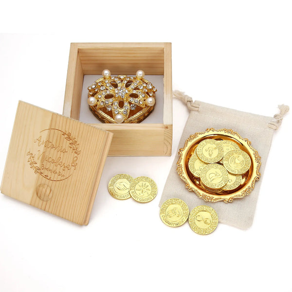 Set Deluxe Arras de Boda – 13 Monedas de Unión en Caja Corazón Perla Cinco Flores