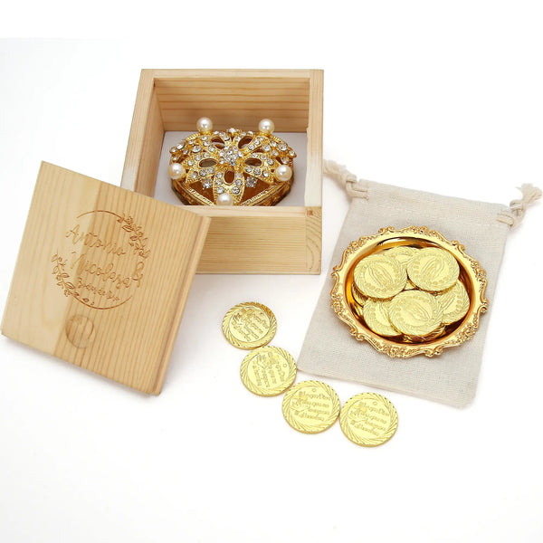 Virgen de Guadalupe Wedding Arras Set – 13 Custom Unity Coins in Five‑Flower Pearl Heart Box | Catholic Ceremony Gift