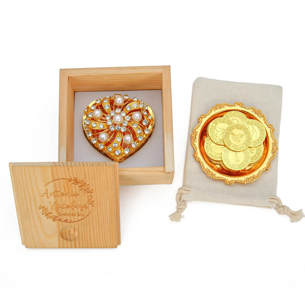 Spanish Arras Unity Wedding Commemorative Coin Deluxe Set - 13 Coins with Twisted Pearl Heart Box