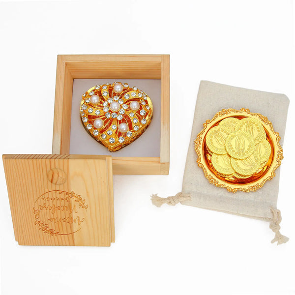 Virgen de Guadalupe Arras Unity Wedding Commemorative Coin Deluxe Set - 13 Coins with Twisted Pearl Heart Box