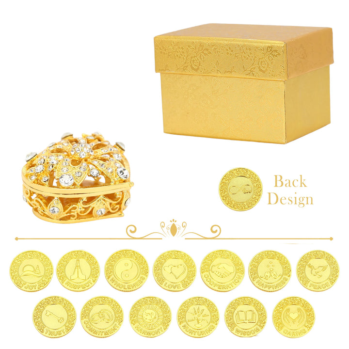 Set of 13 gold-plated unity coins engraved with English words like Love, Peace, Respect, representing blessings of harmony, trust, and prosperity. Perfect for Catholic wedding Arras ceremony - tingkucoins.com