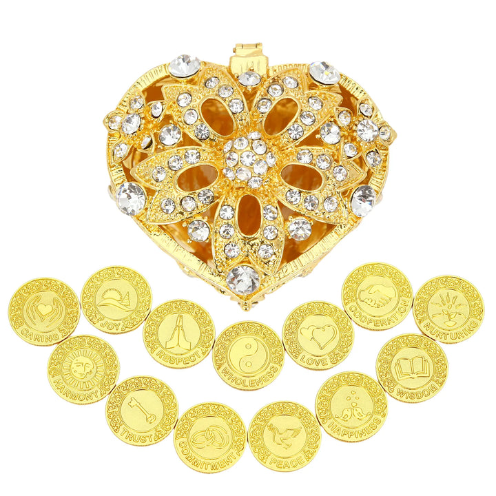 The diamond-accented gold heart box arrives pre-sized to hold the 13 English word coins, symbolizing blessings gathered in one shared place—love protected, promises kept, and prosperity wished for the couple - tingkucoins.com