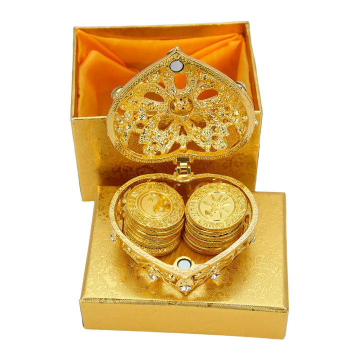 Complete gold wedding unity set: 13 English-engraved coins, a diamond-accented heart keepsake box, and an elegant outer gift box—traditional Arras meaning with contemporary sophistication; perfect regalos para boda - tingkucoins.com