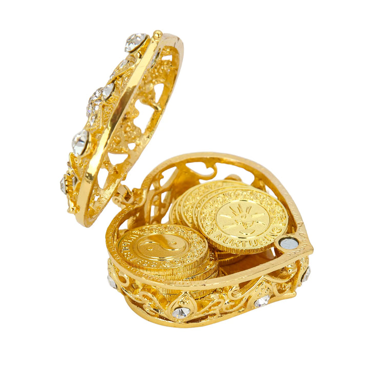Diamond-accented gold heart box holding 13 unity coins engraved with English blessings, symbolizing love, trust, and a shared future in marriage - tingkucoins.com