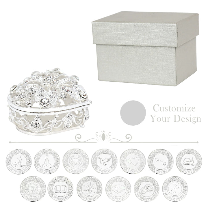 Complete silver wedding set - 13 engraved English words coins, diamond heart box, and luxury outer gift box—perfect regalos para boda - tingkucoins.com