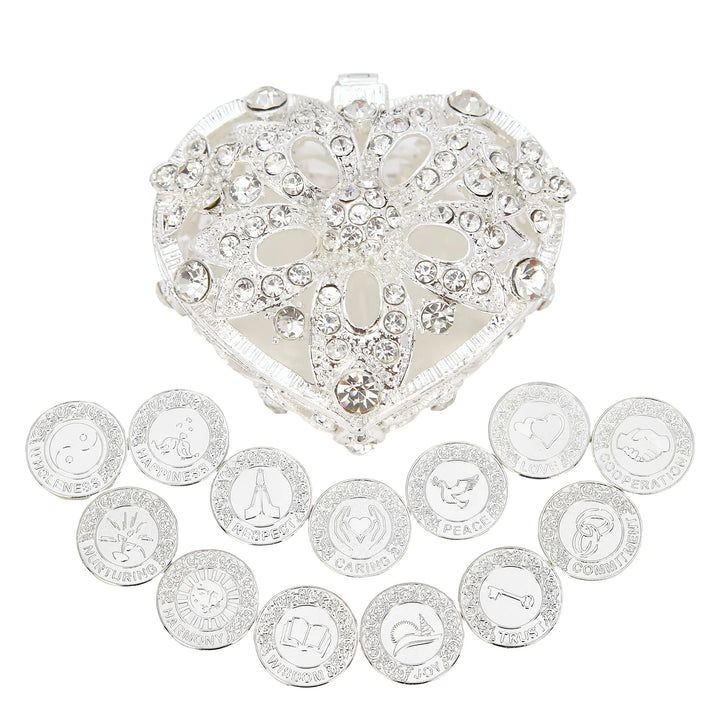 Silver diamond heart box holding 13 engraved English blessing coins, representing love and unity in marriage - tingkucoins.com