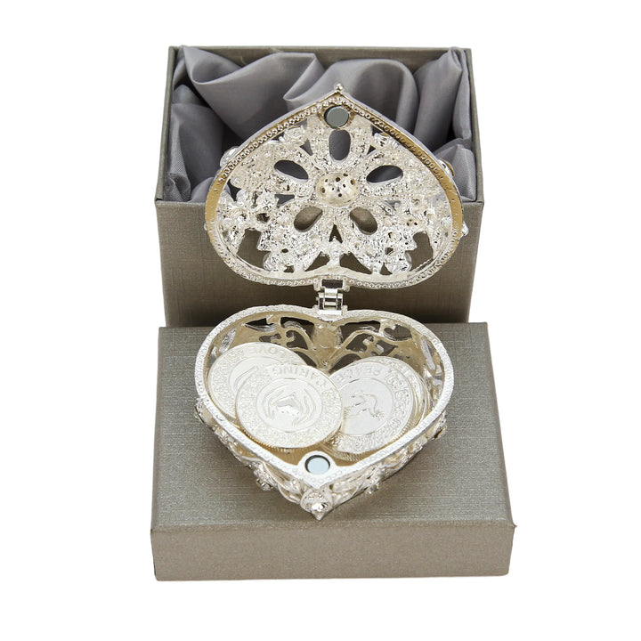 Beautiful silver heart-shaped keepsake box adorned with sparkling crystal diamonds, designed to hold 13 unity coins securely while adding luxury to your wedding ceremony - tingkucoins.com