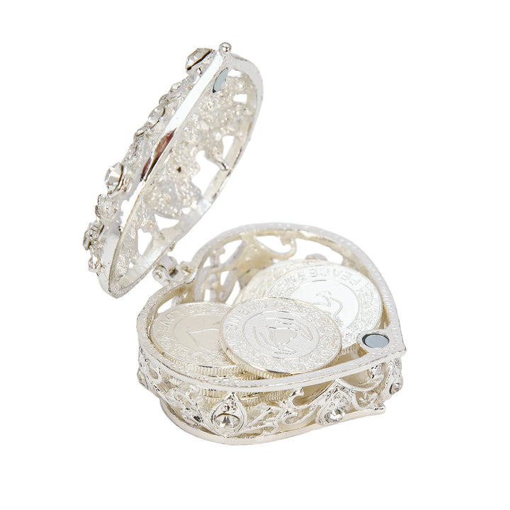 Sliver diamond heart box holding 13 engraved English blessing coins, symbolizing love, unity, and prosperity in marriage.