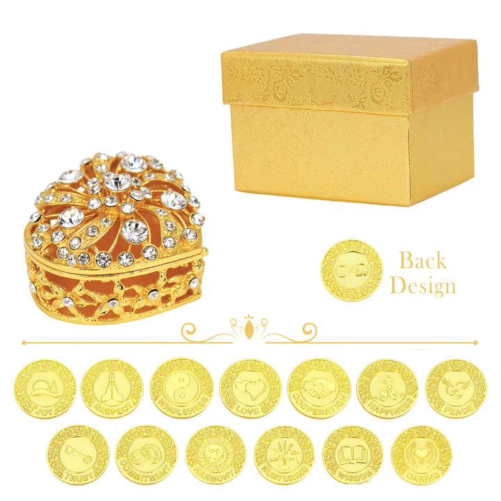 Gold Wedding Unity Coins Set with 13 unique English words: Joy, Respect, Wholeness, Love, Cooperation, Happiness, Peace, Trust, Commitment, Harmony, Nurturing, Wisdom, Caring. Includes rhinestone heart-shaped box and elegant gift box. Perfect for wedding ceremony, keepsake, or anniversary gift - tingkucoins.com