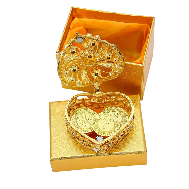 Premium wedding unity set: 13 symbolic gold coins, rhinestone heart box, and matching gift box. Perfect for weddings, anniversaries, and keepsakes - tingkucoins.com