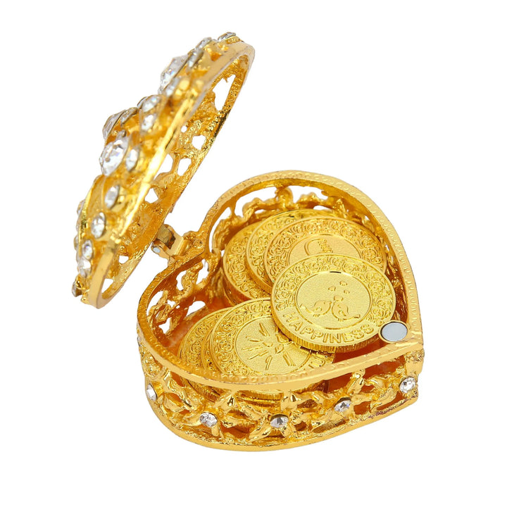 This gold heart-shaped box holds 13 symbolic coins, creating a beautiful wedding unity set that blends cultural tradition with modern elegance - tingkucoins.com