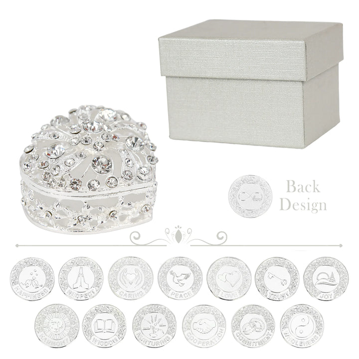Silver Wedding Unity Coins Set with 13 unique English words: Joy, Respect, Wholeness, Love, Cooperation, Happiness, Peace, Trust, Commitment, Harmony, Nurturing, Wisdom, Caring. Includes rhinestone heart-shaped box and elegant gift box. Perfect for wedding ceremony, keepsake, or anniversary gift - tingkucoins.com