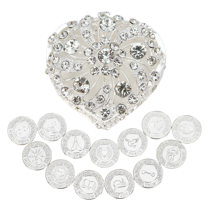 Celebrate love and unity with a Silver-plated heart box filled with 13 symbolic coins. Elegant design meets meaningful blessings for the perfect wedding gift - tingkucoins.com