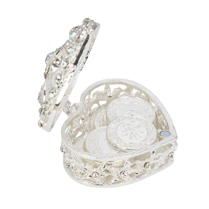 Celebrate love and unity with a silver-plated heart box filled with 13 symbolic coins, each representing blessings for a happy marriage. Perfect for ceremonies, display, and gifting - tingku.com
