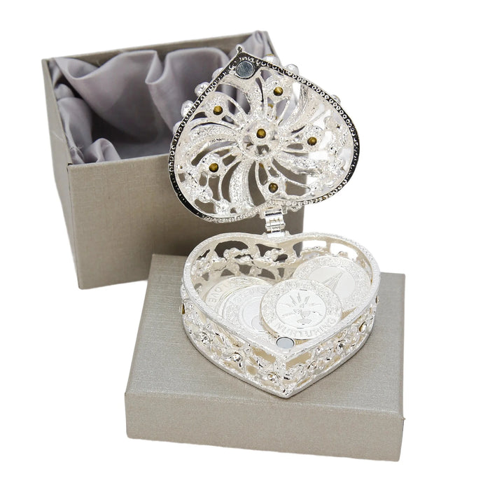 Premium silver wedding unity set featuring 13 symbolic coins, a sparkling rhinestone heart box, and a matching gift box. Combines tradition, elegance, and practicality in one luxurious package - tingkucoins.com