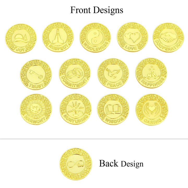 Set of 13 English words wedding unity coins in gold finish, symbolizing blessings like Love, Joy, Peace, Respect, complete with elegant keepsake box - tingkucoins.com