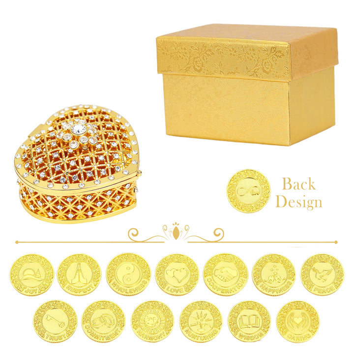 Gold heart-shaped keepsake box with 13 English words unity coins, perfect for wedding Arras ceremony, symbolic blessings gift for couples - tingkucoins.com