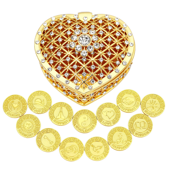 Wedding unity coins set with 13 English words blessings, gold design for Catholic Arras ceremony, stored in a luxury heart keepsake box - tingkucoins.com