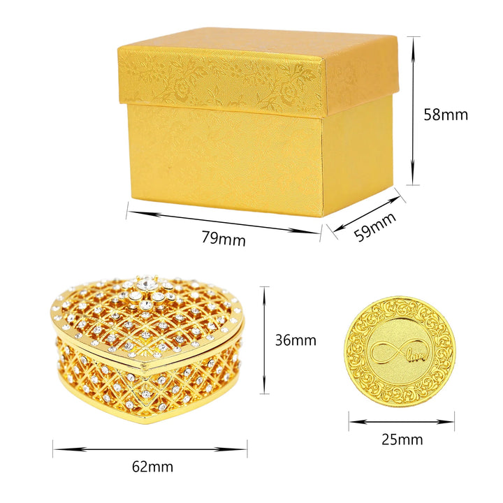 Gold wedding unity coin set with heart-shaped keepsake box (62×36mm) and 13 coins (25mm), packaged in luxury gift box (79×59×58mm), perfect for Catholic wedding Arras ceremony - tingkucoins.com