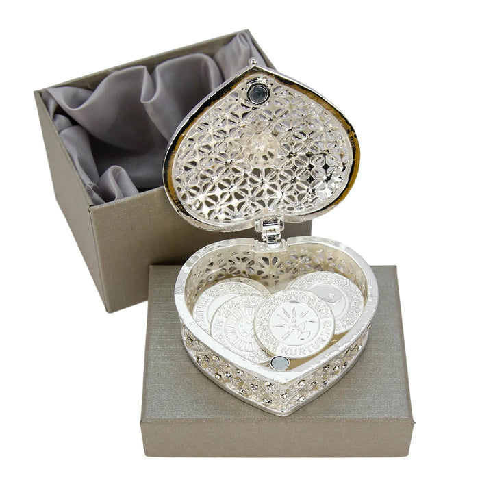 Decorative silver heart box containing 13 English words unity coins, perfect for memorable wedding moments - tingkucoins.com
