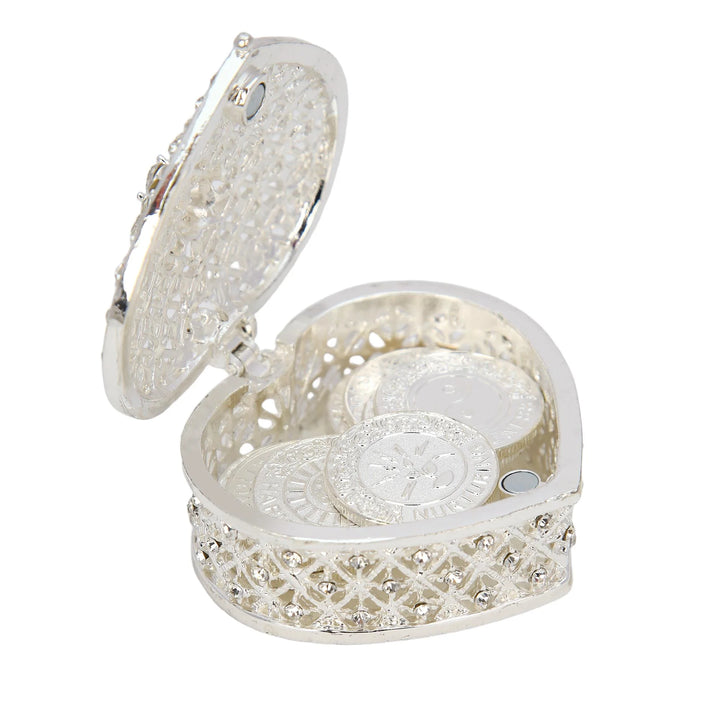 Silver heart-shaped keepsake box filled with 13 English words unity coins, perfect for wedding Arras blessings gift - tingkucoins.com