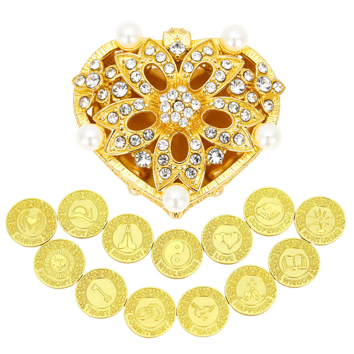 A perfect combination of elegance and symbolism, this gold heart-shaped box with 13 golden wedding unity coins represents love, peace, and trust. The gold color adds an extra touch of luxury, making it a memorable and lasting keepsake for the couple - tingkucoins.com