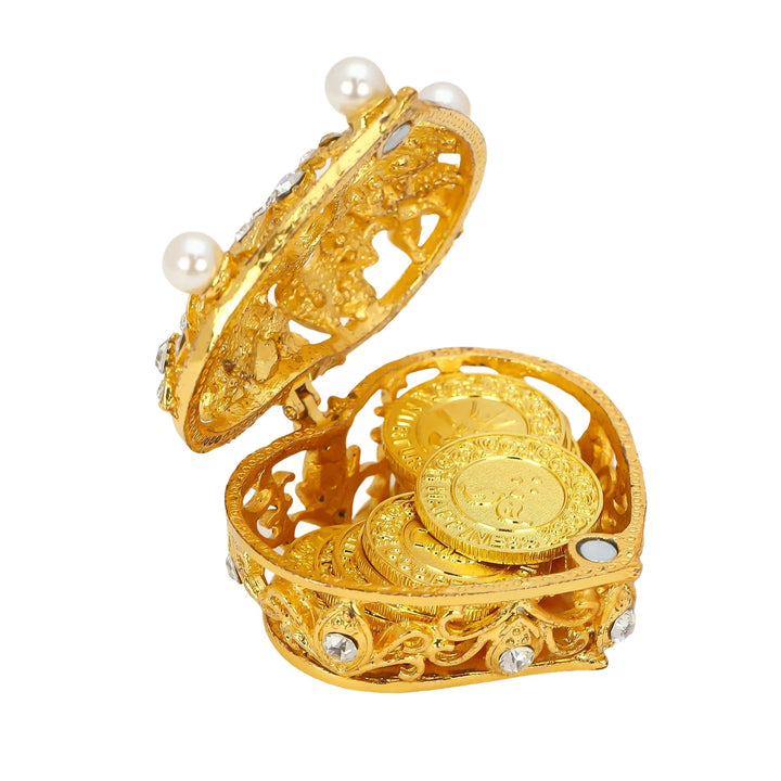This gold heart-shaped jewelry box holds 13 golden commemorative coins, each engraved with English words symbolizing love, trust, and happiness. The golden box beautifully enhances the meaning of the wedding unity coins, making it a perfect keepsake for couples celebrating their union - tingkucoins.com