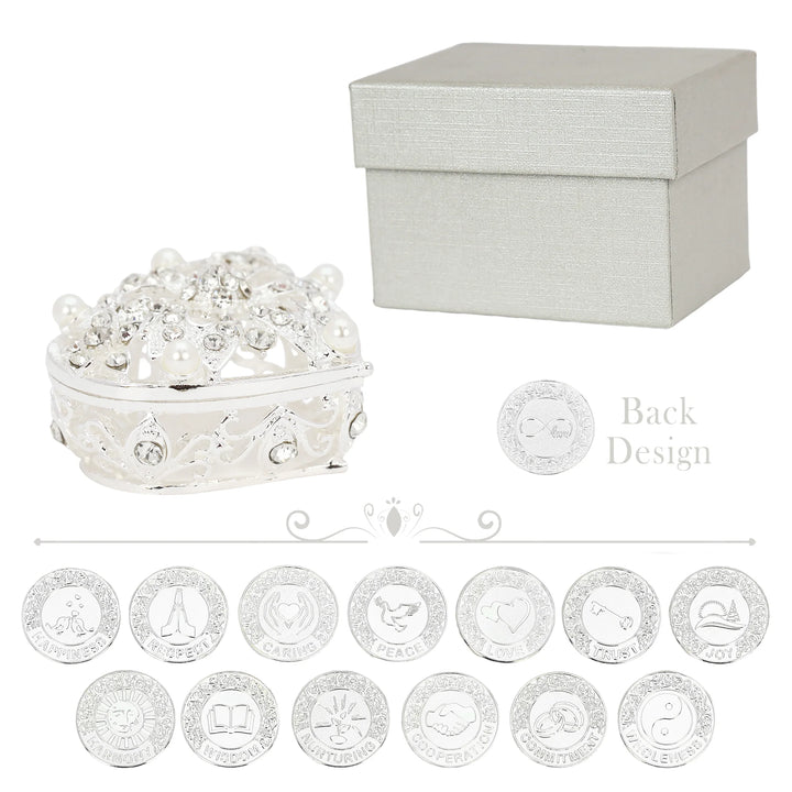 The 13 silver unity coins, each engraved with meaningful English words, and the silver heart-shaped jewelry box make this set an exceptional wedding gift. Whether for a Catholic or Christian ceremony, this set combines elegance and symbolism, offering a complete keepsake for couples - tingkucoins.com